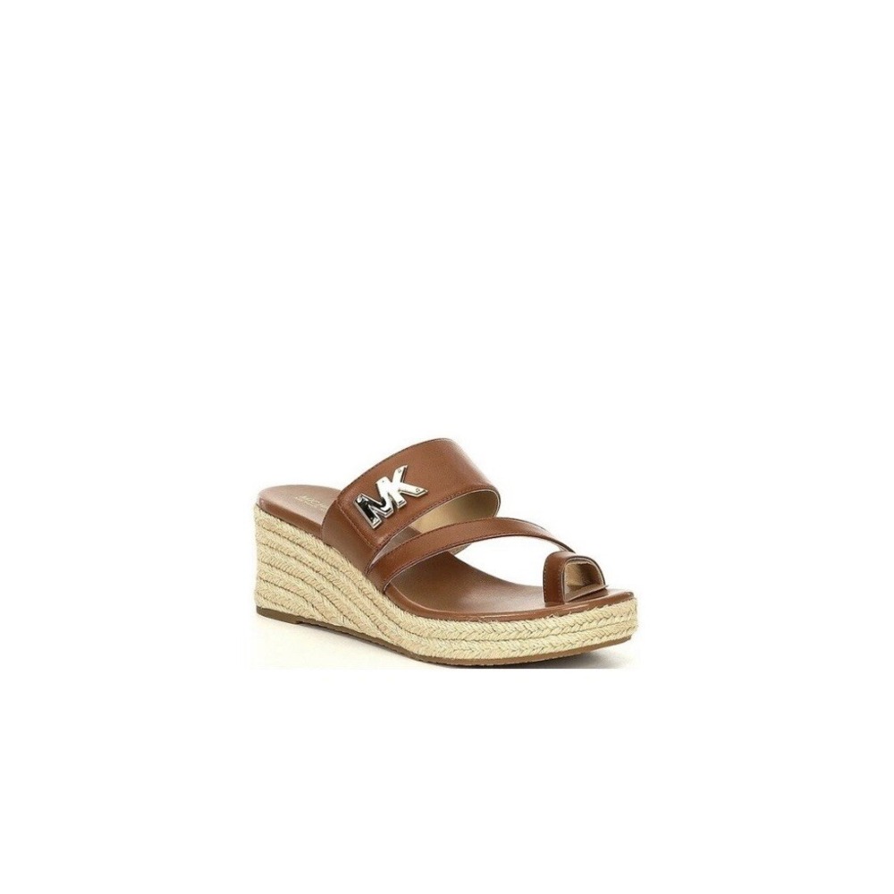 Michael Kors Women's Sidney‎ Leather Espadrille Wedges Sandals Luggage Sz-10